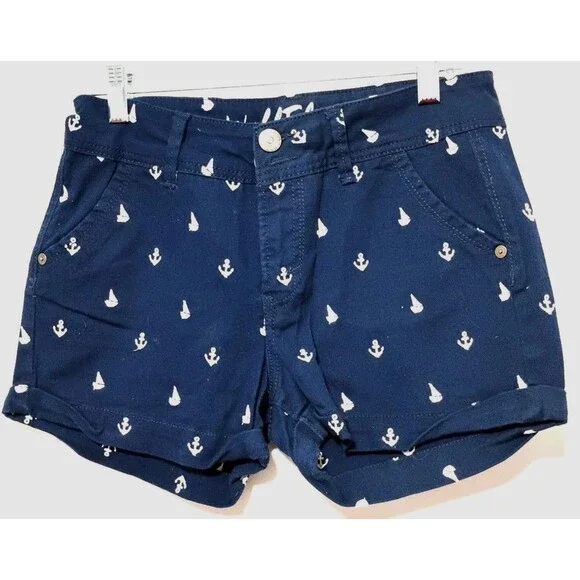 WallFlower Women Juniors Sz 5 Blue Nautical Anchor Print Embroidered Denim Short