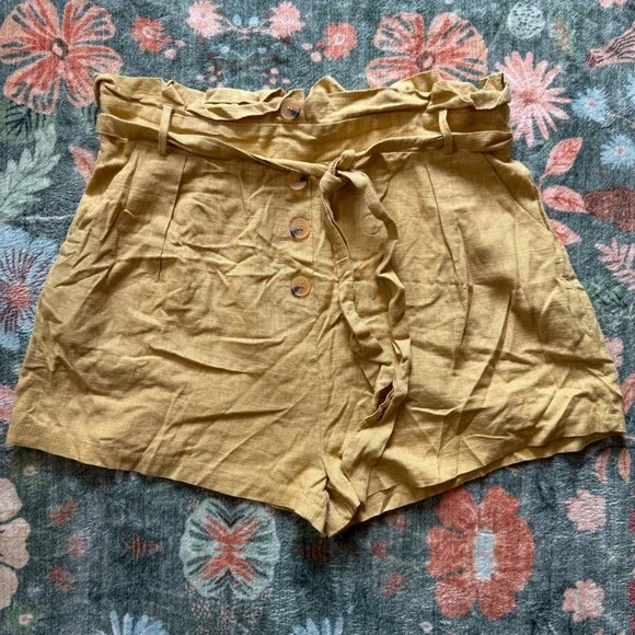 Grace & Co Mustard Yellow Linen Blend Paperbag Waist Shorts Size 14