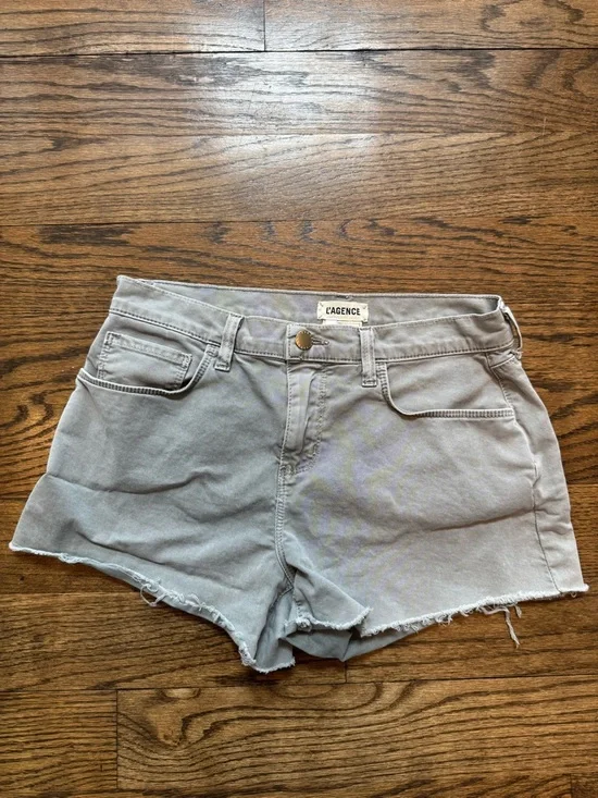 L'AGENCE Gray Denim Frayed Hem Shorts