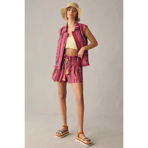 By Anthropologie Tasseled Paperbag Pink Stripe Shorts Size Large