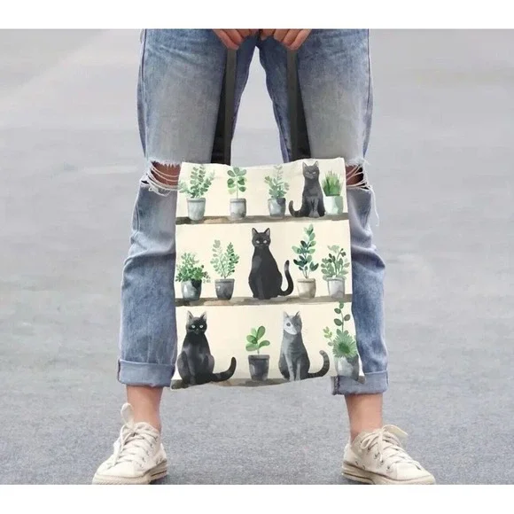 Tote Bag All over Print Black Gray Cats Plants‎ Shopping Bag New