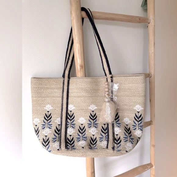 NEW Shiraleah Fiorella Natural Woven Jute Large Tote Bag Painted Floral Pattern