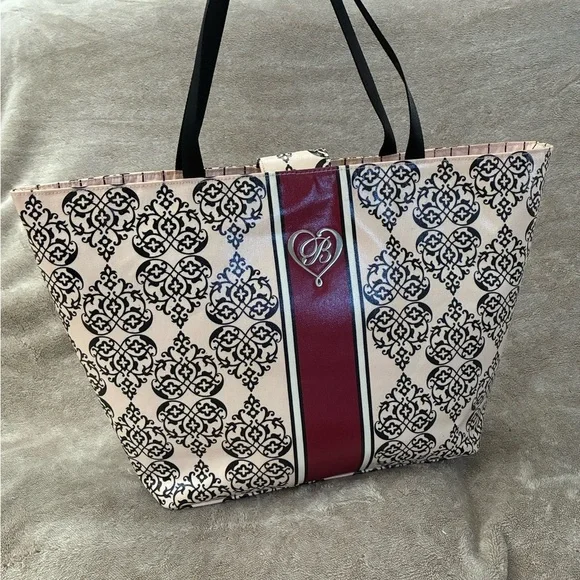 Brighton Damask Print Tote Bag Beige Black Burgundy, Logo Accent, Inner Pockets