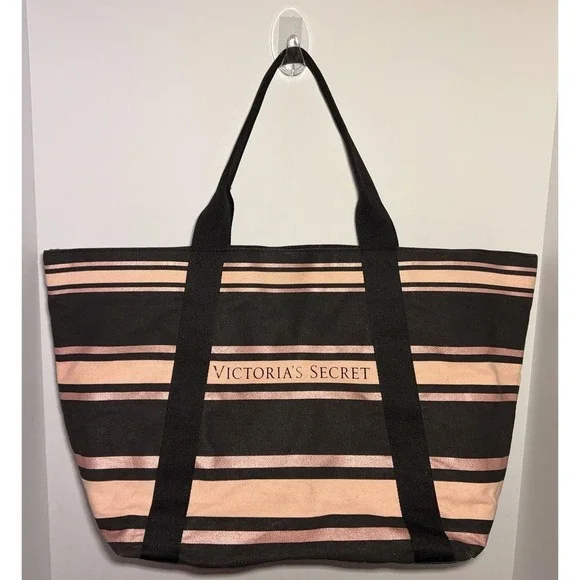 Victoria Secret Striped Canvas Weekender XL Tote Beach Bag Pink/Black VTG
