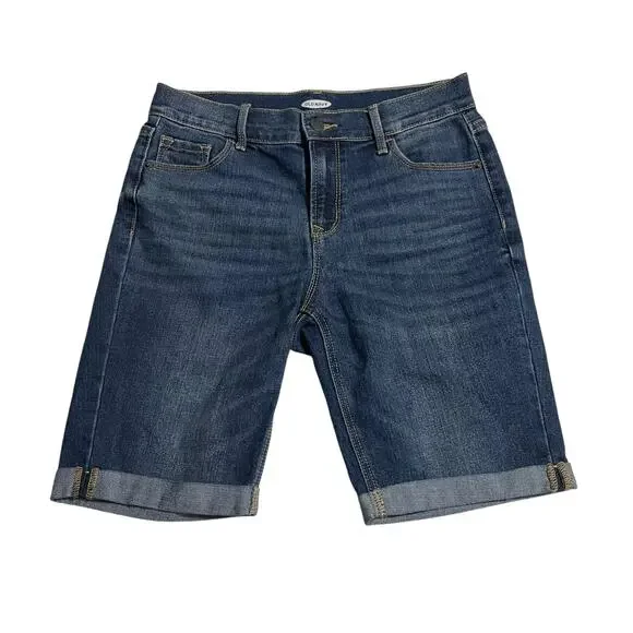 Old Navy Jean Shorts Womens Size 2 Bermuda Stretch Dark Wash Mid Rise Blue Denim