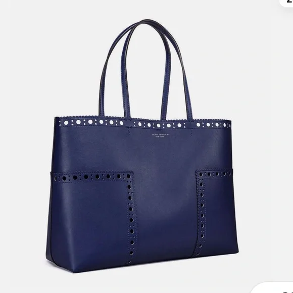 Tory Burch Block T Brogue Leather Tote Blue
