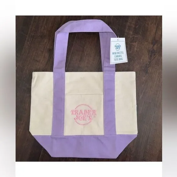 NWT Trader Joe’s mini pastel canvas tote bags lavender and white