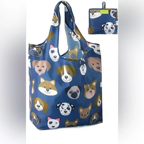 💥2/$10 BeeGreen Dog Print Reusable packable Shopping Bag - Blue