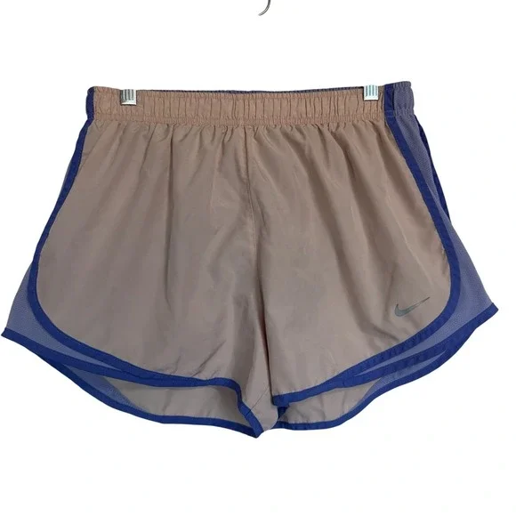 Nike‎ Dri-FIT Tempo Womens Running Shorts Tan Purple Trim Size L 3 Inch Inseam
