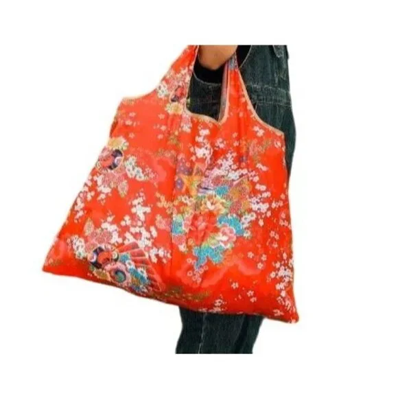 Floral Shopping Bag Tote Red Large Reusable