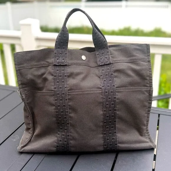 Hermes Herline MM Tote Bag Gray Canvas Vintage Unisex Authentic