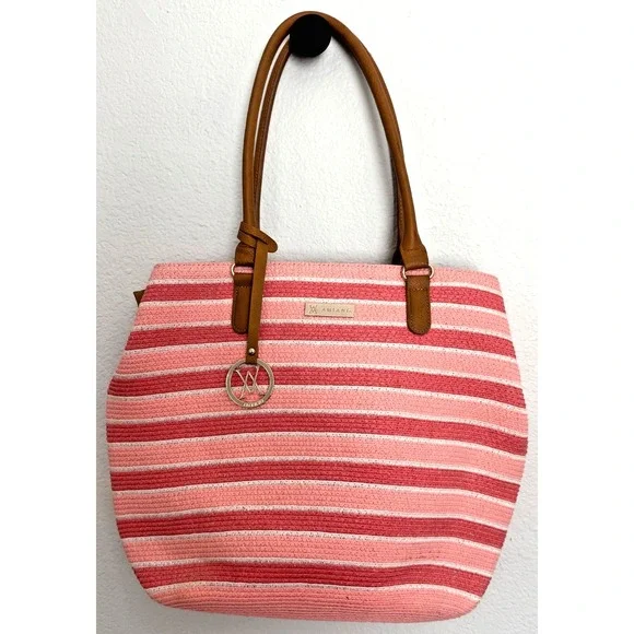 Amiani Pink Beach Bag‎ Tote Zipper Closure Stripped Handbag Gold Shimmer
