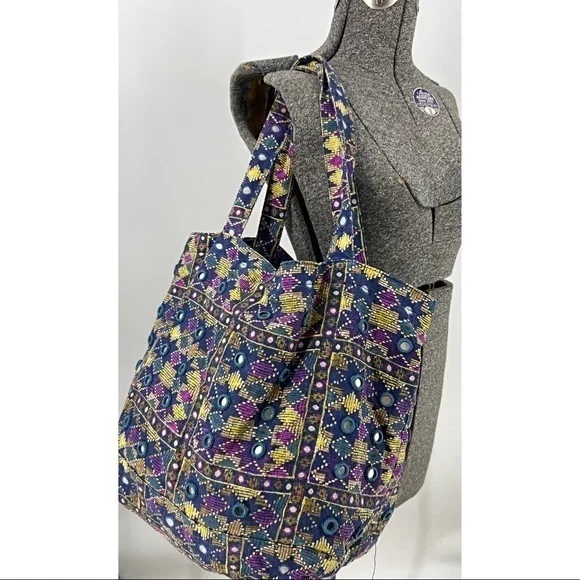 Bohemian Beach Summer diamond mirrored accent linen cotton blend tote bag