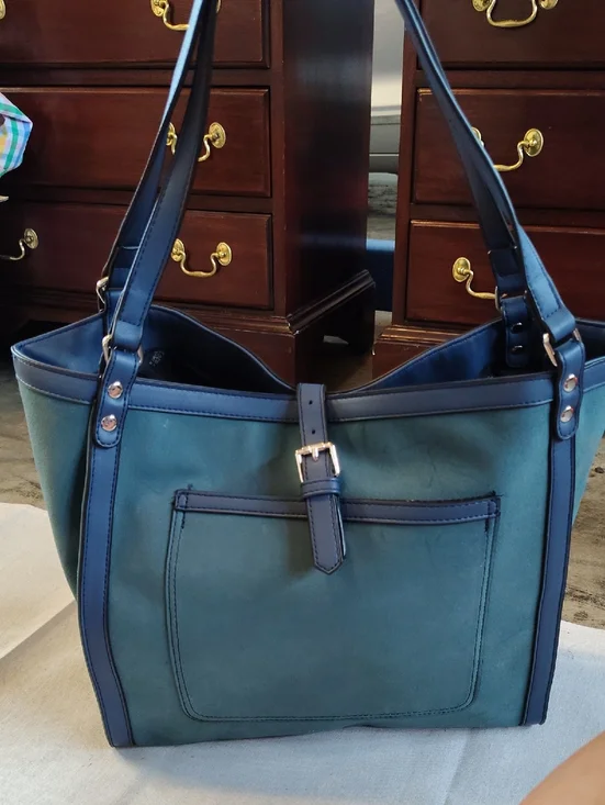 Coco + Carmen Teal Tote with Navy Trim