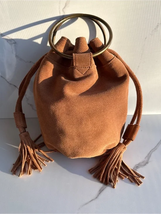 World Market Brown Suede Bucket Bag Metal Ring Handle Drawstring Leather Purse