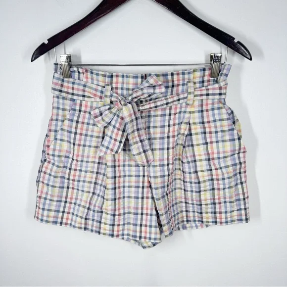 Loft Seersucker Plaid Paper Bag Waist Shorts Size Small Belt Pastel