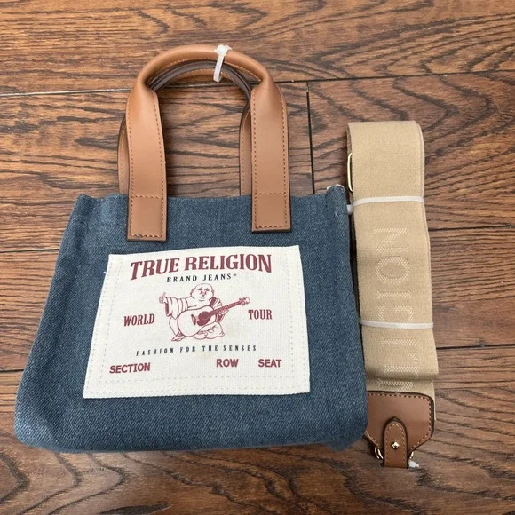 True Religion Tote Small Size Shoulder Bag Adjustable Strap Denim NEW