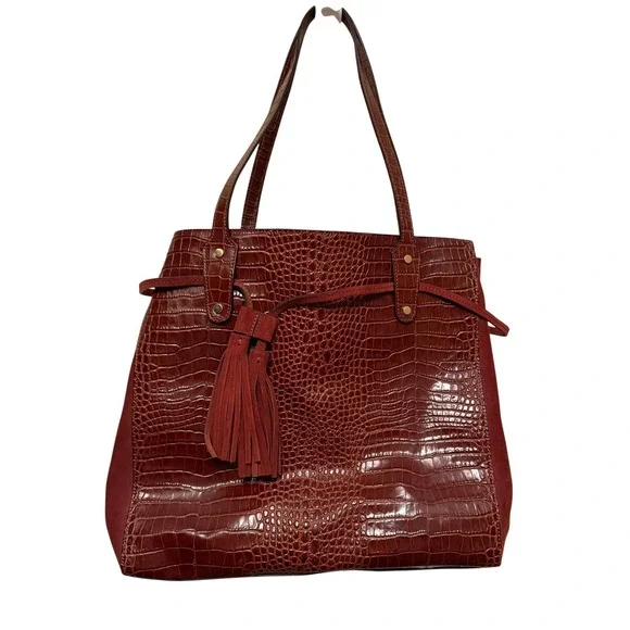 J. McLaughlin Crocodile‎ Embossed Leather and Suede with Tassel Tote in Brick