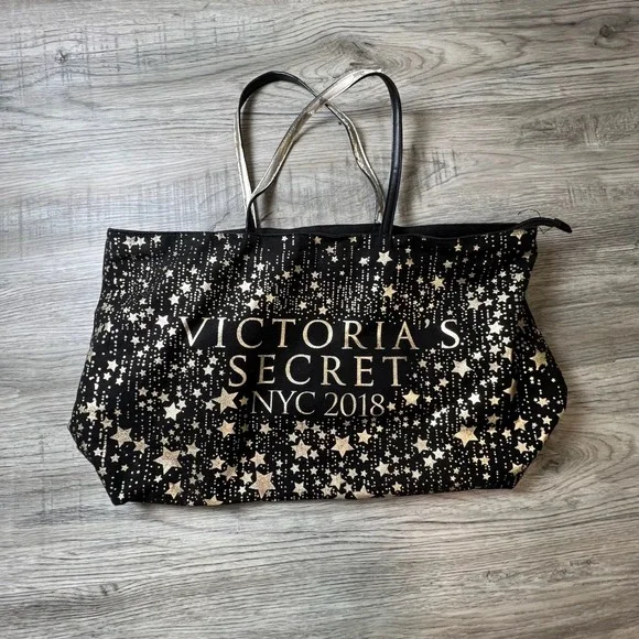 Victoria's Secret Tote Bag Womens OS Black Gold Star NYC 2018 Fashion Show Zip
