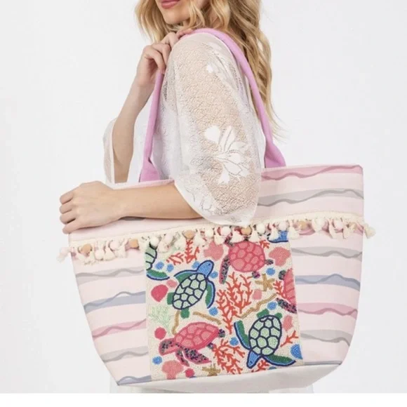 Boho Tassel Tote Bag with Colorful Turtle Design - NWT