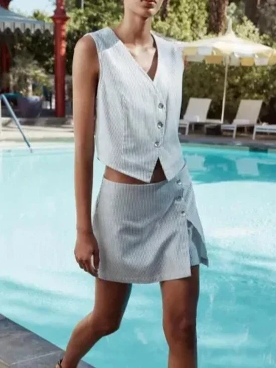 ZARA STRIPED BLUE METALLIC HIGH-WAISTED SKORT