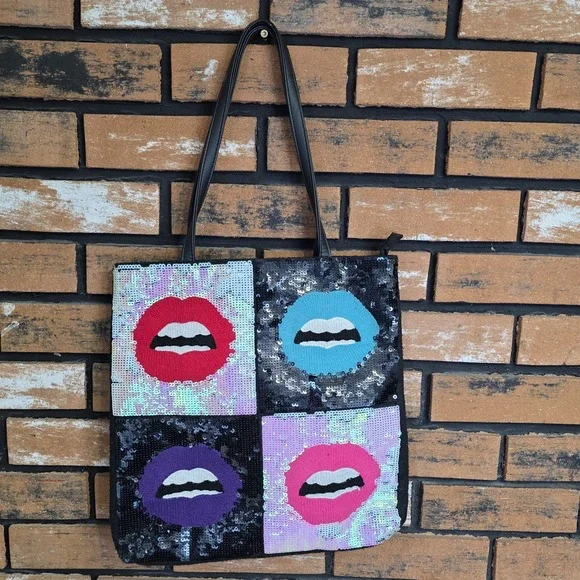 Betsey Johnson Sequin Pop Art Sequin Lips Tote‎ Bag Colorful Purse