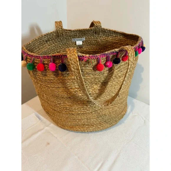 Shiraleah‎ Chicago Jute Tote Bag with Colorful Pom Pom Trim Accent