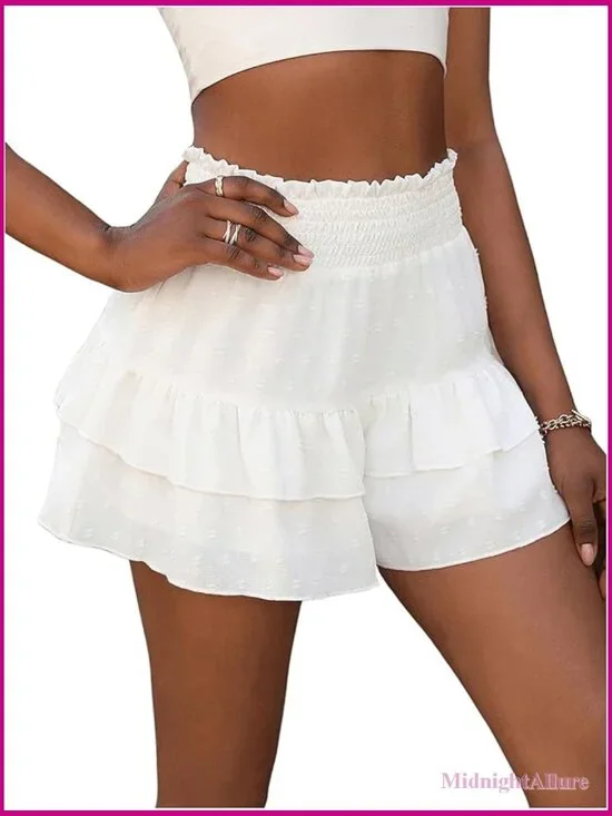 Ruffle High Waisted Wide Leg Summer Shorts Shirred Elastic Layered