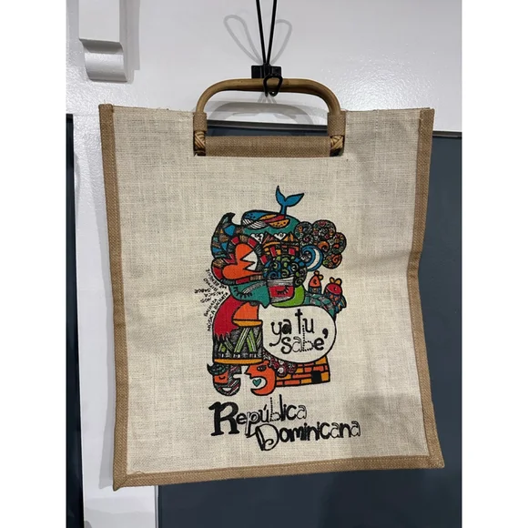 Unisex Jute Tote Bag Tan/Green 