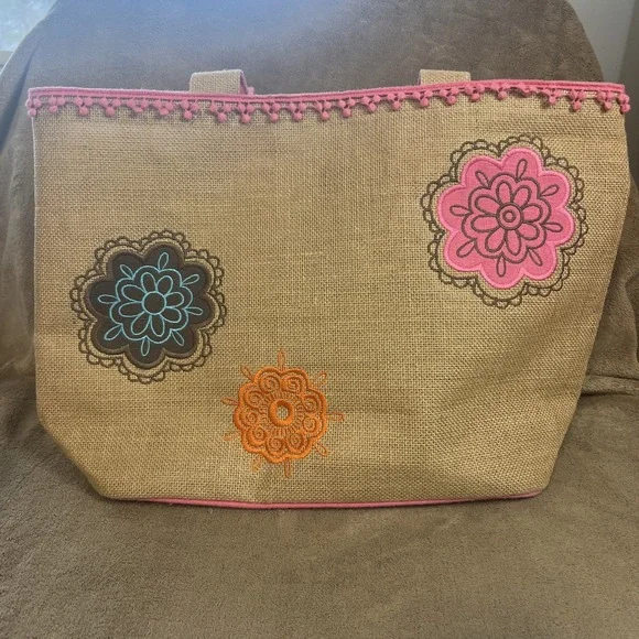 Mud‎ Pie Jute Burlap Tote Bag Floral Embroidered Approx 12
