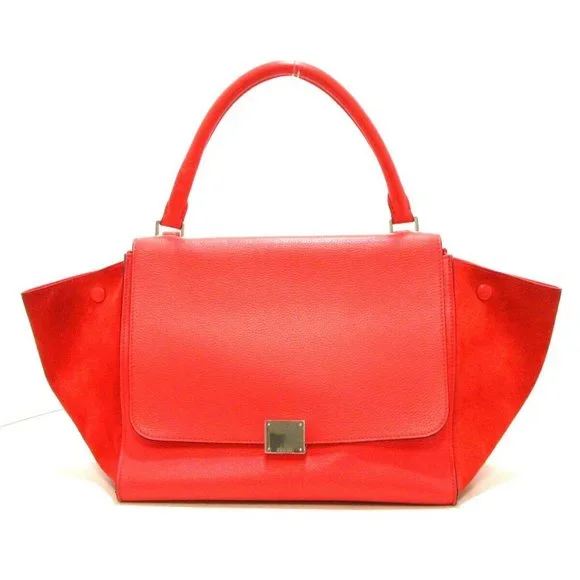 Auth CELINE Trapeze Small Red Leather Suede Womens Handbag