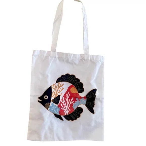 Artistic Tropical Fish Canvas Tote Bag White‎ Coastal Coral Vacation Beach NWOT