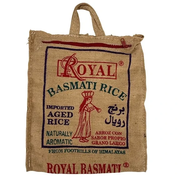 Vintage Royal Basmati Rice Upcycled Burlap Jute Tote Bag Zipper Top Reusable