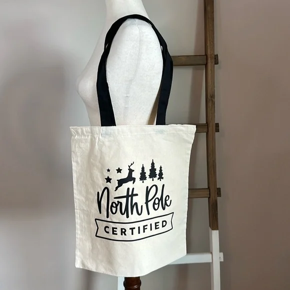Sarnico Designs Cream Tote Bag with Black Vinyl North Pole Certified Design New