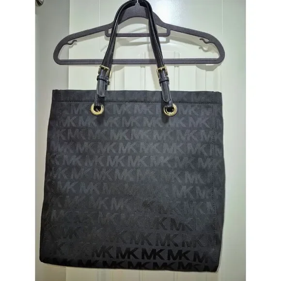 Michael Kors Black Leather Monogram Jet Set Grab Shoulder Tote Bag