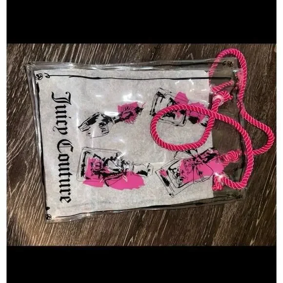 Juicy Couture Clear PVC Tote Bag Pink Rope Handle Perfume Bottle Graphic Print