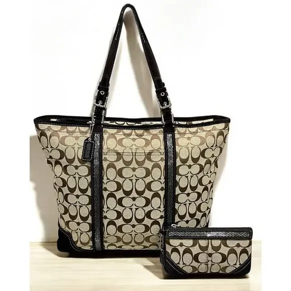 Vintage Coach 8K53 Signature Beaded Tote & 6F35 Signature Beaded Wristlet