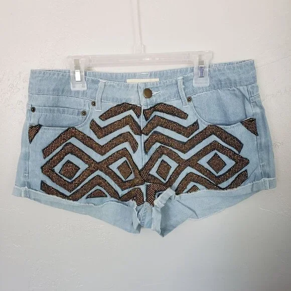 NWOT Capulet Light Wash Shorts Gold Beaded Cotton