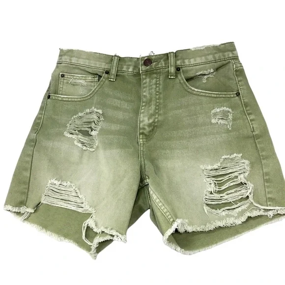 UO BDG Dropped Waist Ripped Shorts Olive Green Sz 25 High Rise Casual Boho Beach