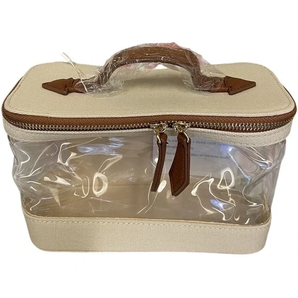 Henny & Lev Brown Camel Linen Makeup Bag Tote With Clear Sides‎ And Gold Zipper