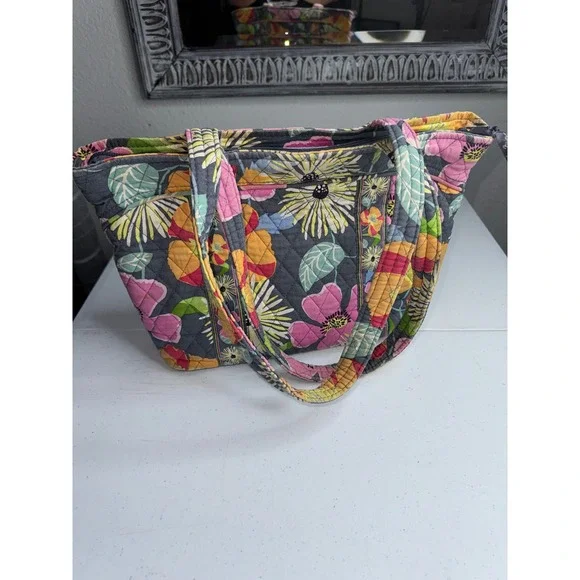 Vera Bradley Quilted Cotton Floral Tote Bag Grey Pink Yellow Shoulder Bag