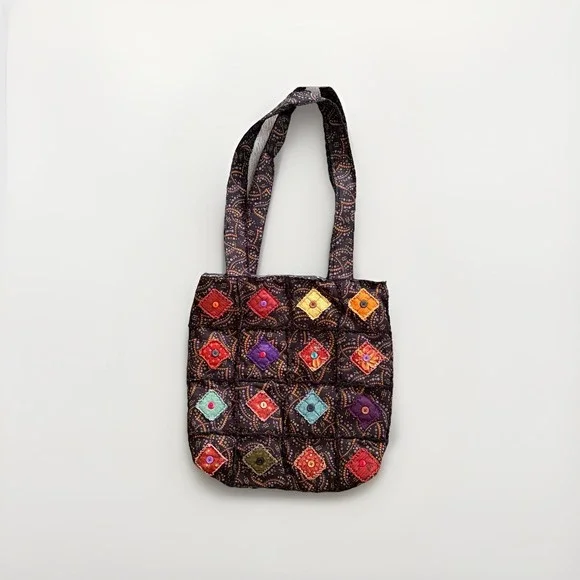 Handmade Quilted Patchwork Multicolor Square Tote Shoulder Boho Bag