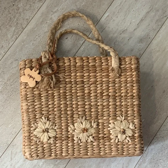 SALE! Vintage Esprit Natural Woven Floral Tote Bag