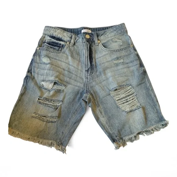 Love Fire Frayed Hem Jean Shorts Size 1 Blue Distressed Cutoffs Raw Hem