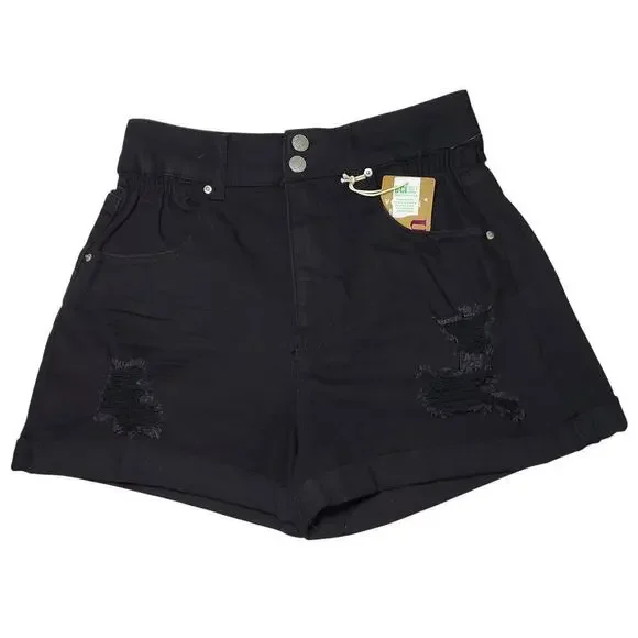 Vanilla Star Super High Rise Tapered Leg Distressed Black Denim Mom Shorts
