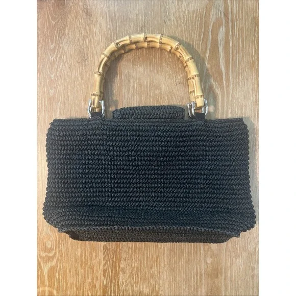 Talbots‎ Black Paper Straw Purse With Bamboo Handles