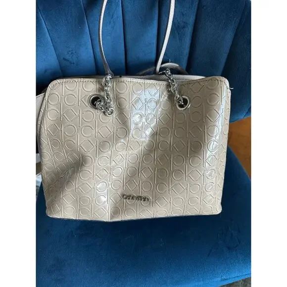 Calvin Klein Beige Patent Monogram Tote Bag Silver‎ Chain Straps Zip Top