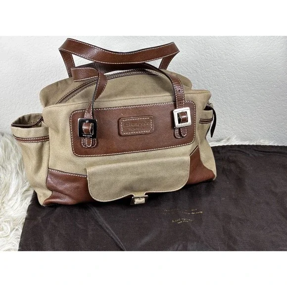 Kate Spade Stevie Baby Satchel Tan Canvas‎ Brown Trim Utility Bag Chic