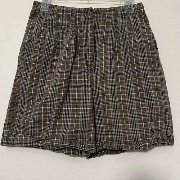 Kikomo Style Plaid Linen Blend High Rise‎ Shorts 12 Cottagecore eclectic grandpa