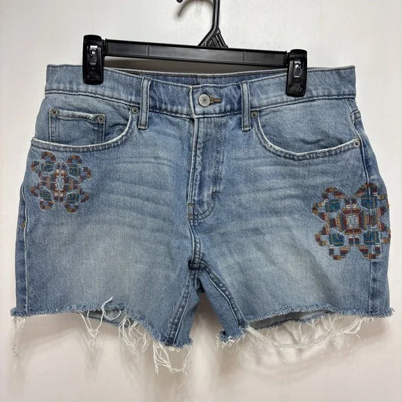 Lucky Brand Womens Midrise Boy Short Cutoff Embroidered Denim‎ Size 8 Cutoff